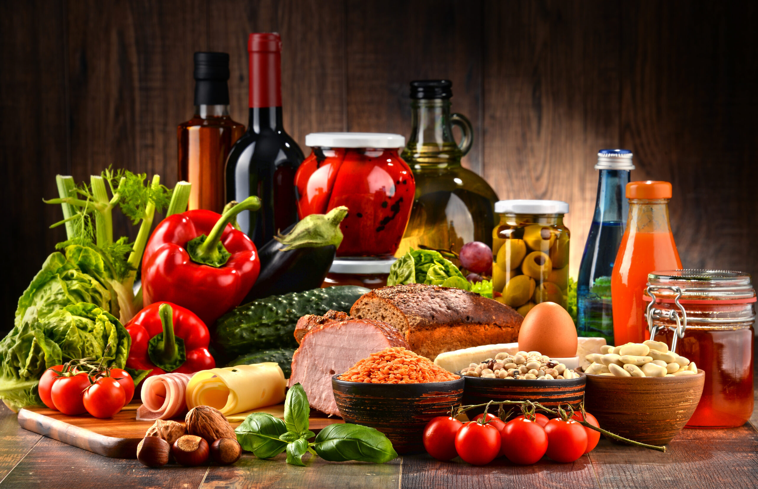 Image of variety of organic food products on kitchen table